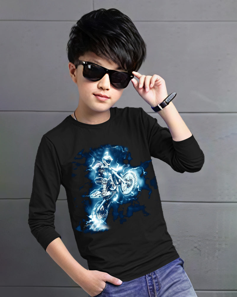 Black Full Bikerider Sleeve Round Neck Cotton blend Boy's T-Shirt-FRONT