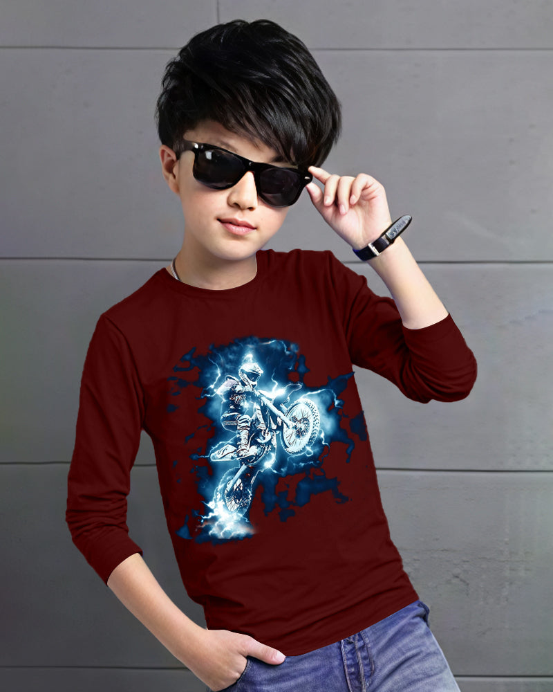 Maroon Full Bikerider Sleeve Round Neck Cotton blend Boy's T-Shirt-FRONT