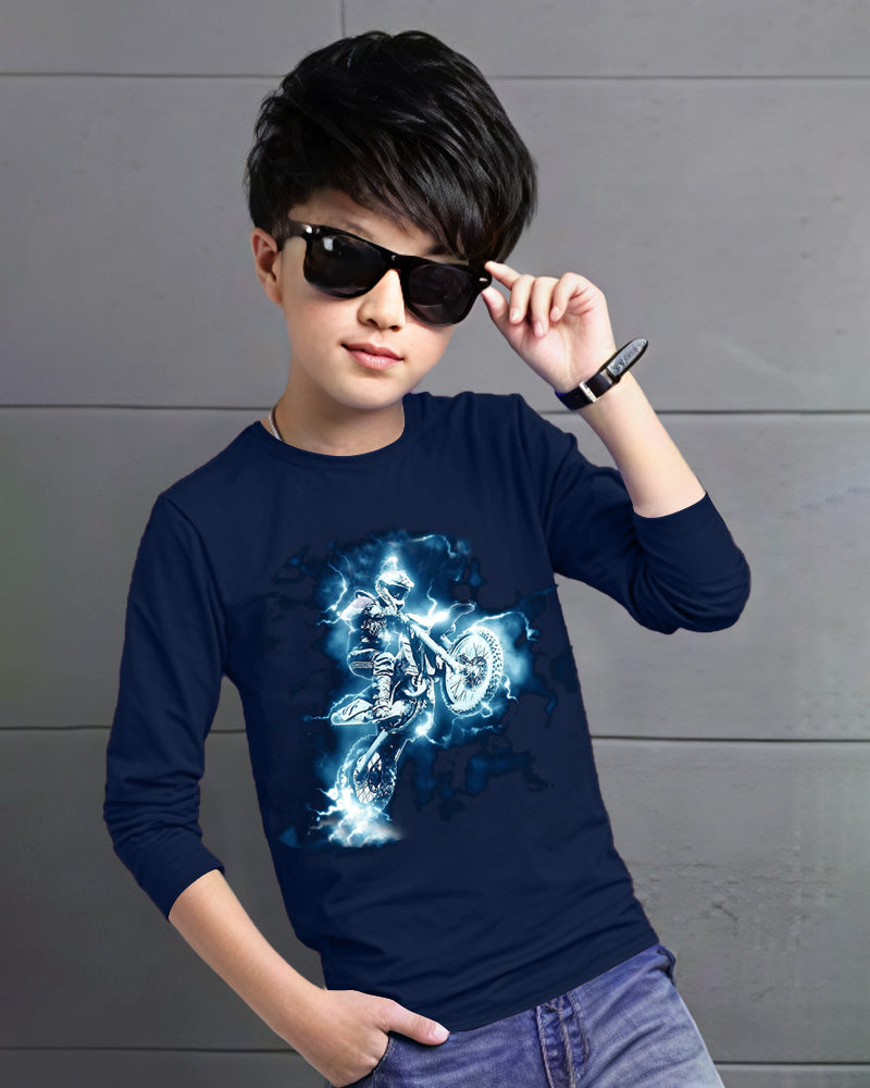 Navy Full Bikerider Sleeve Round Neck Cotton blend Boy's T-Shirt-FRONT