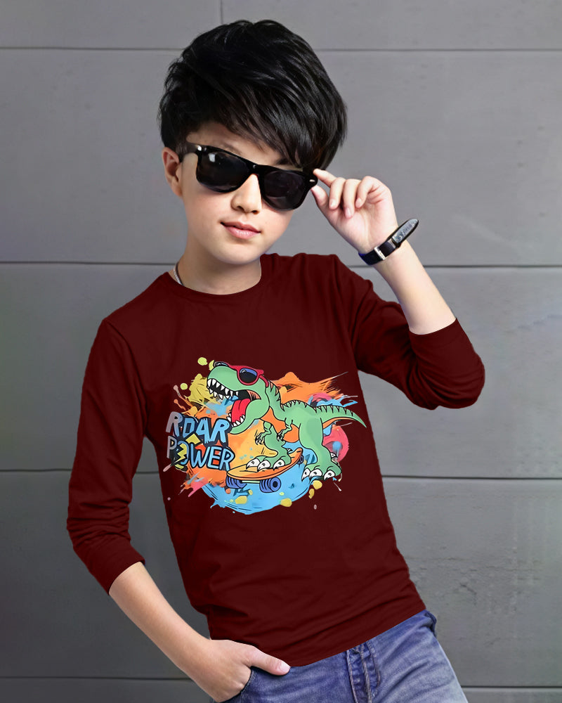 Maroon Full Dinothunder Sleeve Round Neck Cotton blend Men's T-Shirt-FRONT