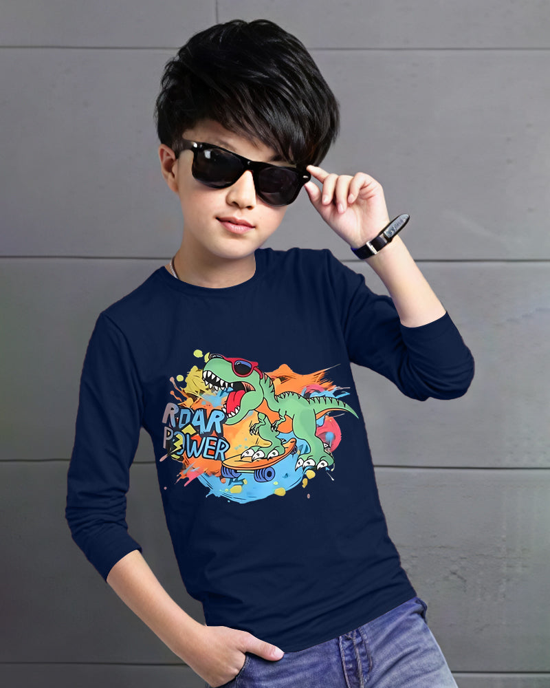 Navy Full Dinothunder Sleeve Round Neck Cotton blend Boy's T-Shirt-FRONT