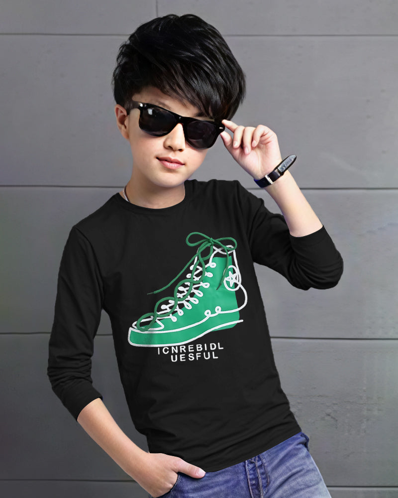 Black Full Shoe Sleeve Round Neck Cotton blend Boy's T-Shirt-FRONT