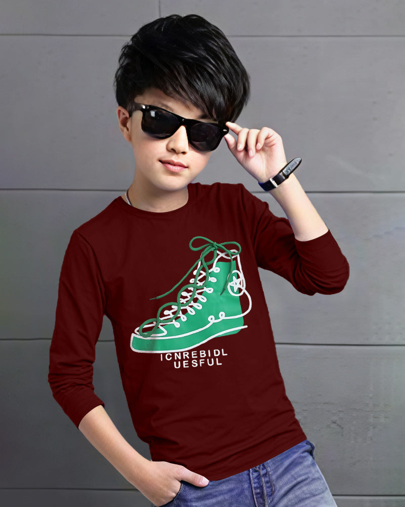 Maroon Full Shoe Sleeve Round Neck Cotton blend Men's T-Shirt-FRONT