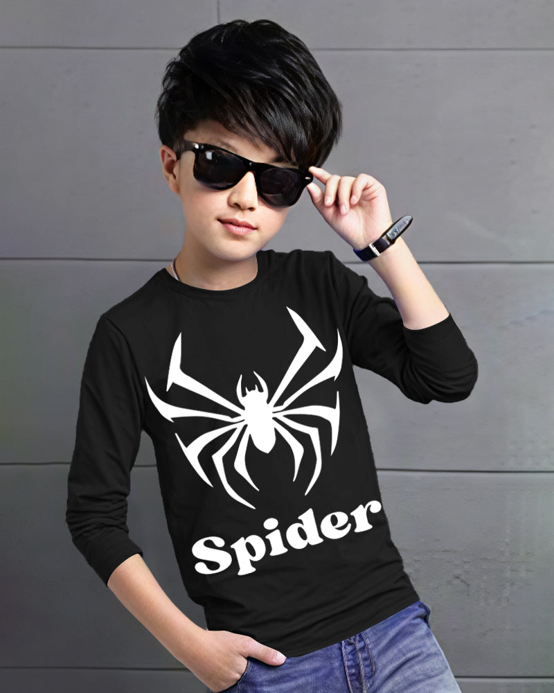 Black Full Spider Sleeve Round Neck Cotton blend Men's T-Shirt-FRONT