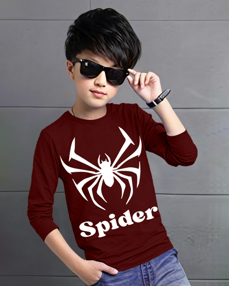 Maroon Full Spider Sleeve Round Neck Cotton blend Boy's T-Shirt-FRONT
