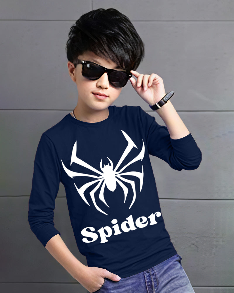 Navy Full Spider Sleeve Round Neck Cotton blend Men's T-Shirt-FRONT