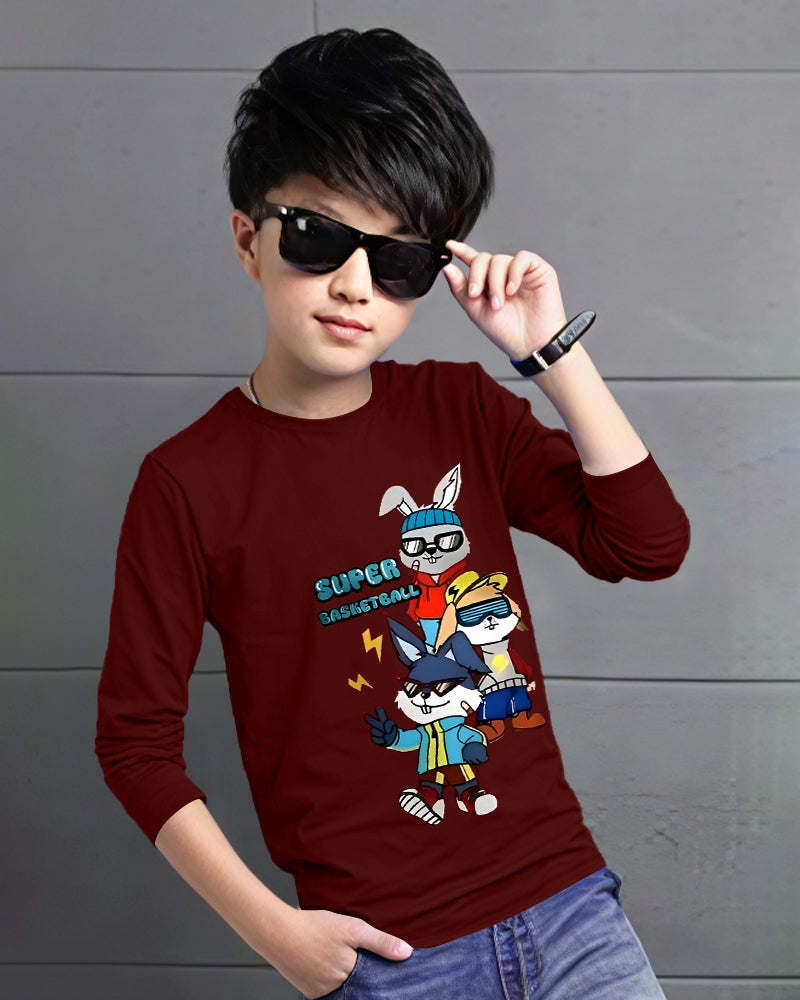 Maroon Full Super Sleeve Round Neck Cotton blend Men's T-Shirt-FRONT