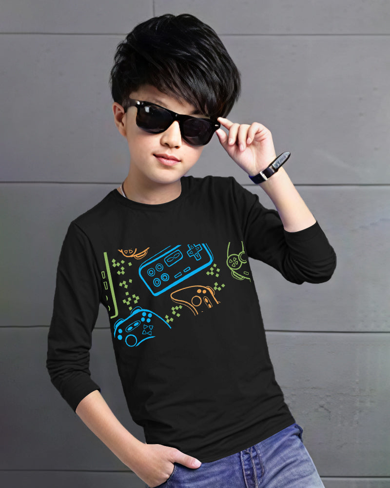 Black Full Game Sleeve Round Neck Cotton blend Men's T-Shirt-FRONT