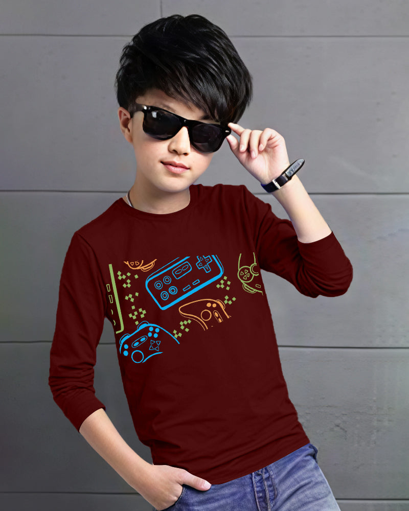 Maroon Full Game Sleeve Round Neck Cotton blend Men's T-Shirt-FRONT