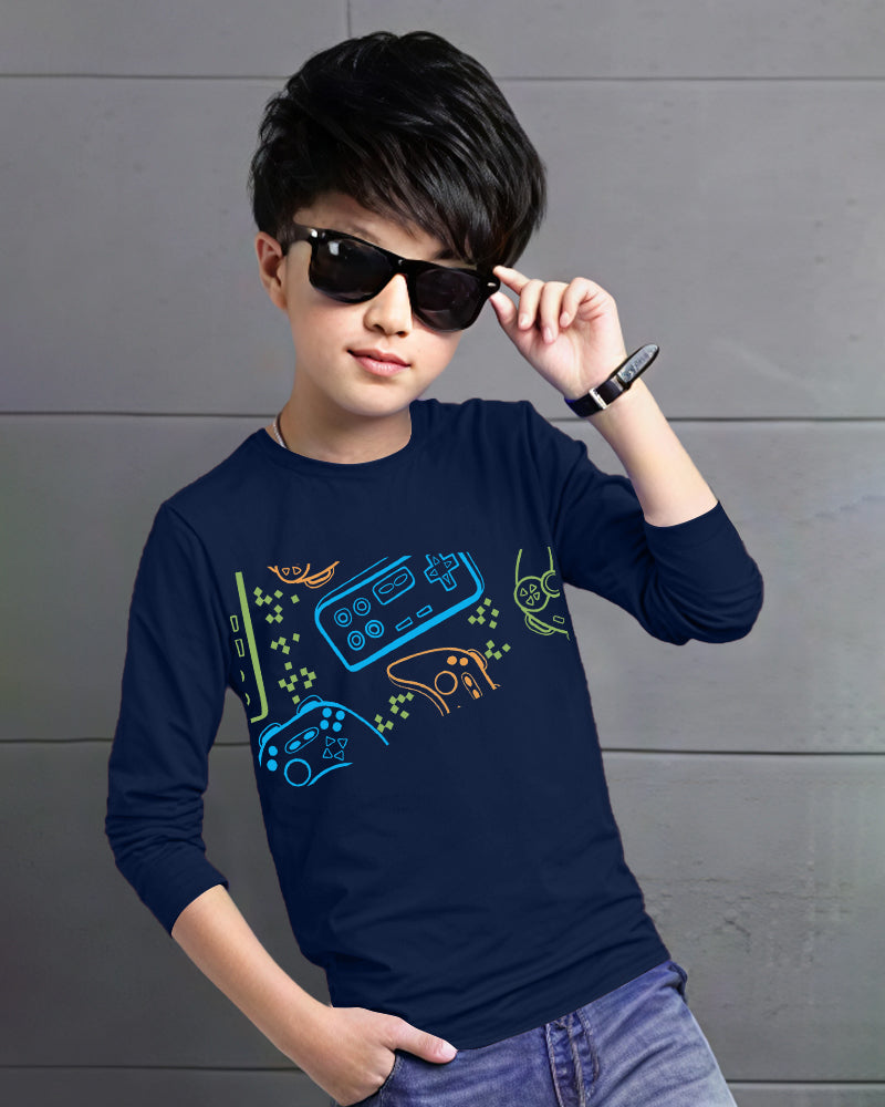 Navy Full Game Sleeve Round Neck Cotton blend Men's T-Shirt-FRONT