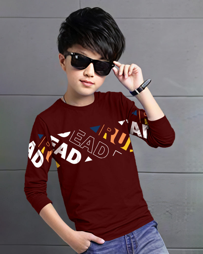 Maroon Full Lead Sleeve Round Neck Cotton blend Boy's T-Shirt-FRONT