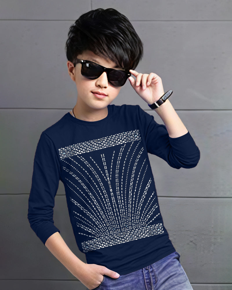 Navy Full Raining Sleeve Round Neck Cotton blend Boy's T-Shirt-FRONT