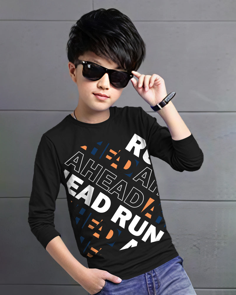Black Full Lead Run Sleeve Round Neck Cotton blend Men's T-Shirt-FRONT