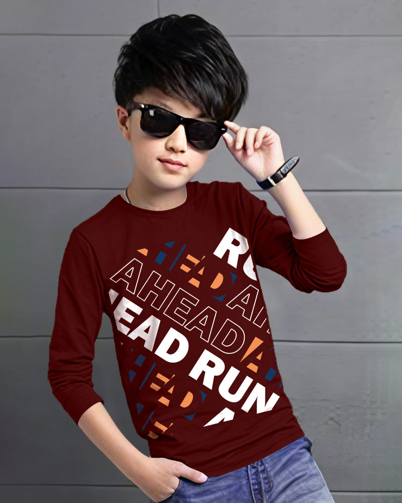 Maroon Full Lead Run Sleeve Round Neck Cotton blend Men's T-Shirt-FRONT