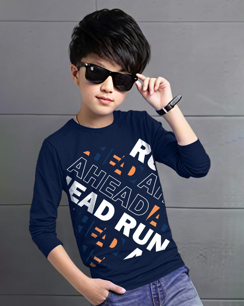 Navy Full Lead Run Sleeve Round Neck Cotton blend Men's T-Shirt-FRONT