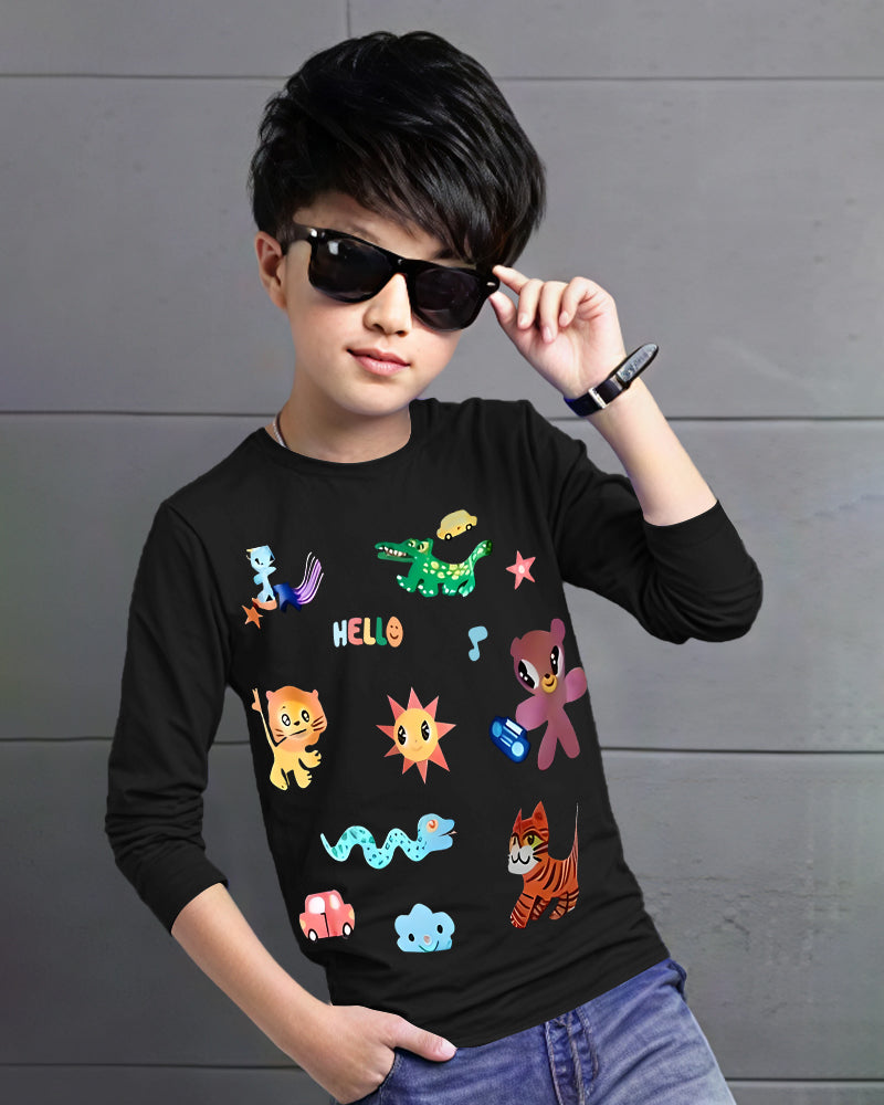 Black Full Animals Sleeve Round Neck Cotton blend Boy's T-Shirt-FRONT