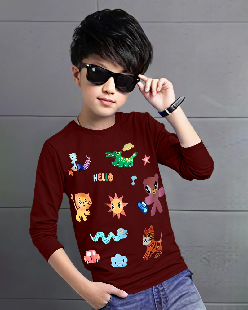 Maroon Full Animals Sleeve Round Neck Cotton blend Boy's T-Shirt-FRONT