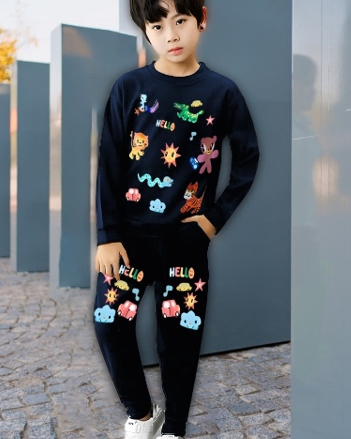 Navy Animal Frenzy Digital Print Boys' Cotton Blend Ensemble.-FRONT