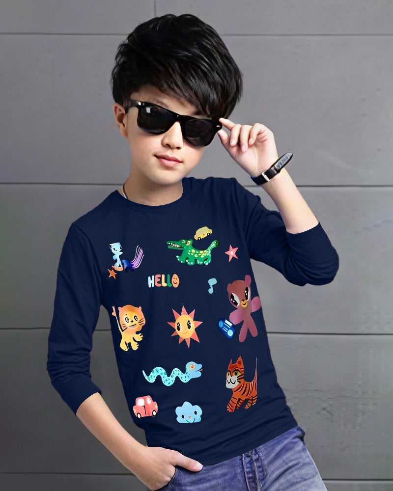 Navy Full Animals Sleeve Round Neck Cotton blend Men's T-Shirt-FRONT
