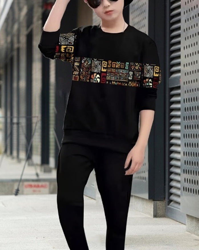 Boys' Black Colored Tiles Digital Print Cotton Blend Coordinated Set.-FRONT