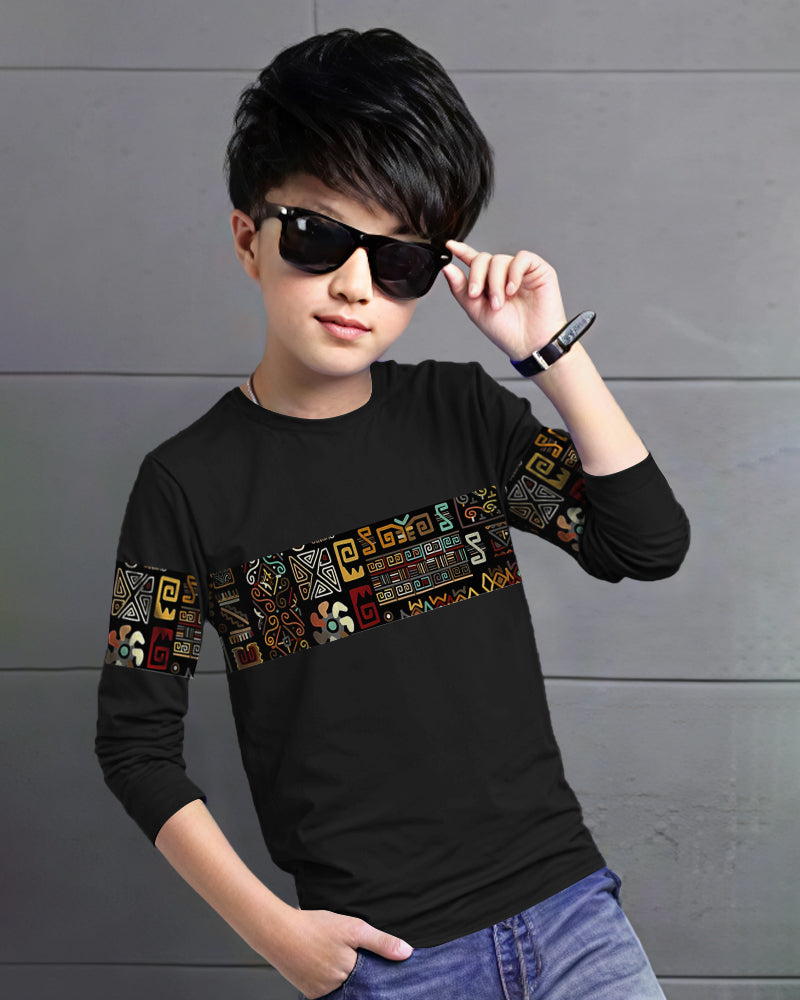 Black Full Tiled Sleeve Round Neck Cotton blend Men's T-Shirt-FRONT