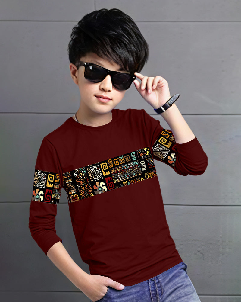 Maroon Full Tiled Sleeve Round Neck Cotton blend Men's T-Shirt-FRONT