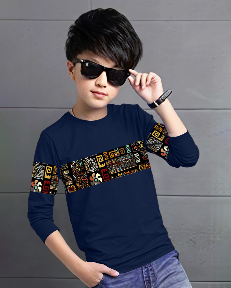 Navy Full Tiled Sleeve Round Neck Cotton blend Men's T-Shirt-FRONT