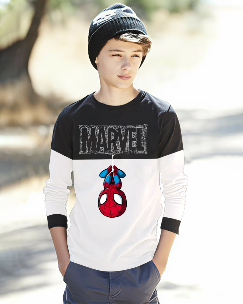 Black, White Full Spider Sleeve Round Neck Cotton blend Boys T-Shirt-FRONT
