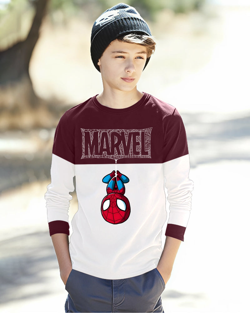 Maroon, White Full Spider Sleeve Round Neck Cotton blend Boys T-Shirt-FRONT