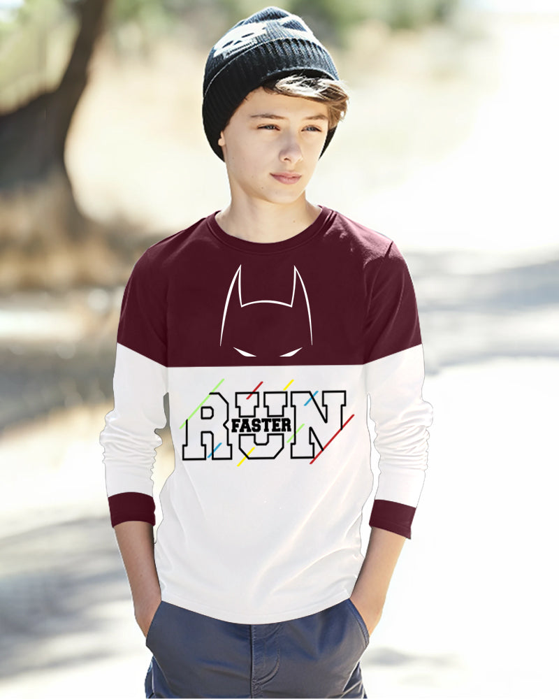 Maroon, White Full Run Sleeve Round Neck Cotton blend Boys T-Shirt-FRONT