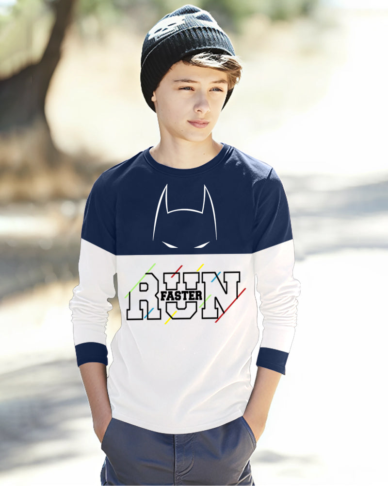 Navy, White Full Run Sleeve Round Neck Cotton blend Boys T-Shirt-FRONT