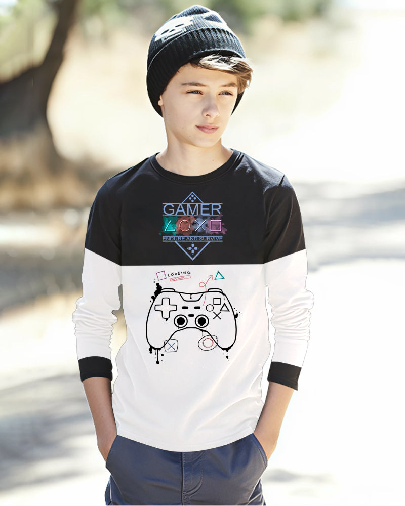 Black, White Full Gamer Sleeve Round Neck Cotton blend Boys T-Shirt-FRONT