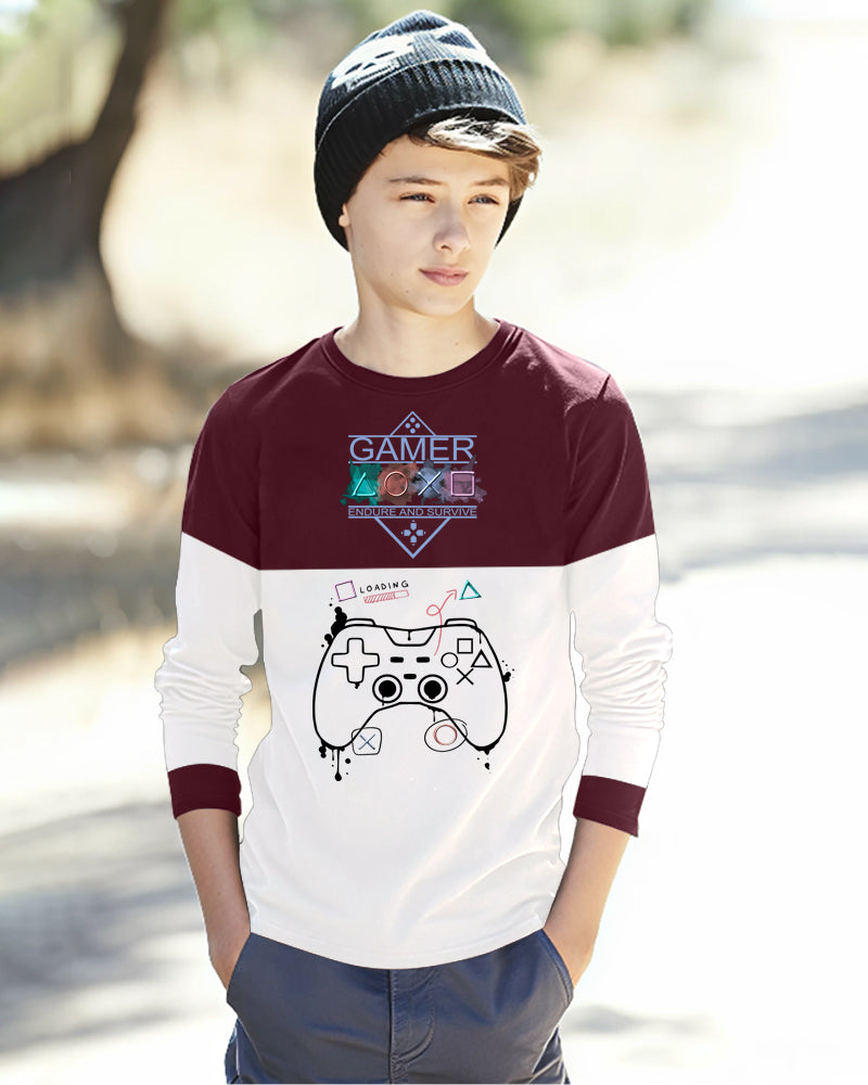 Maroon, White Full Gamer Sleeve Round Neck Cotton blend Boys T-Shirt-FRONT