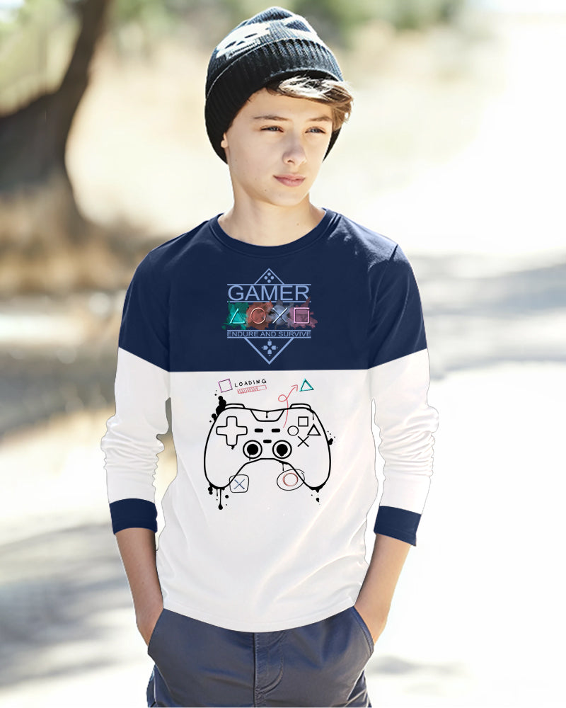 Navy, White Full Gamer Sleeve Round Neck Cotton blend Boys T-Shirt-FRONT