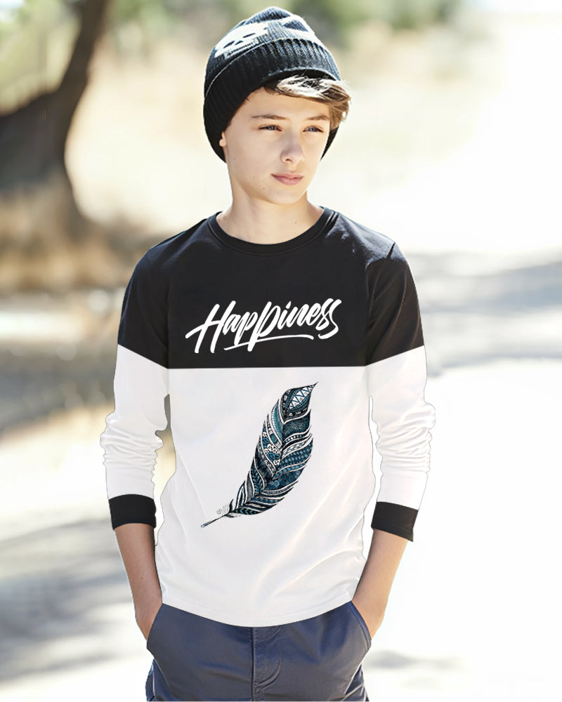 Black, White Full Happiness Sleeve Round Neck Cotton blend Boys T-Shirt-FRONT