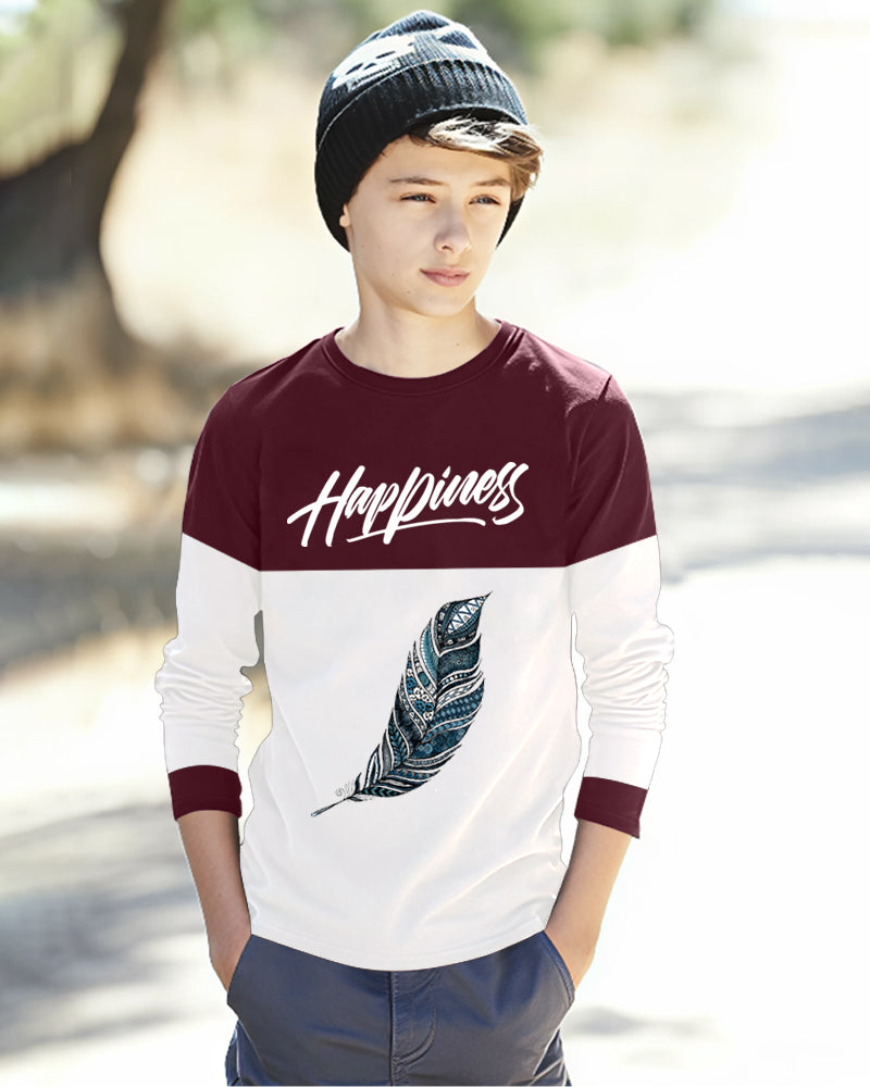Maroon, White Full Happiness Sleeve Round Neck Cotton blend Boys T-Shirt-FRONT