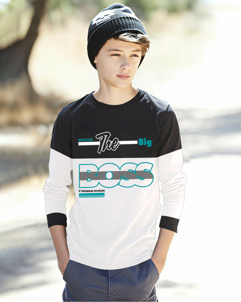 Black, White Full Boss Sleeve Round Neck Cotton blend Boys T-Shirt-FRONT