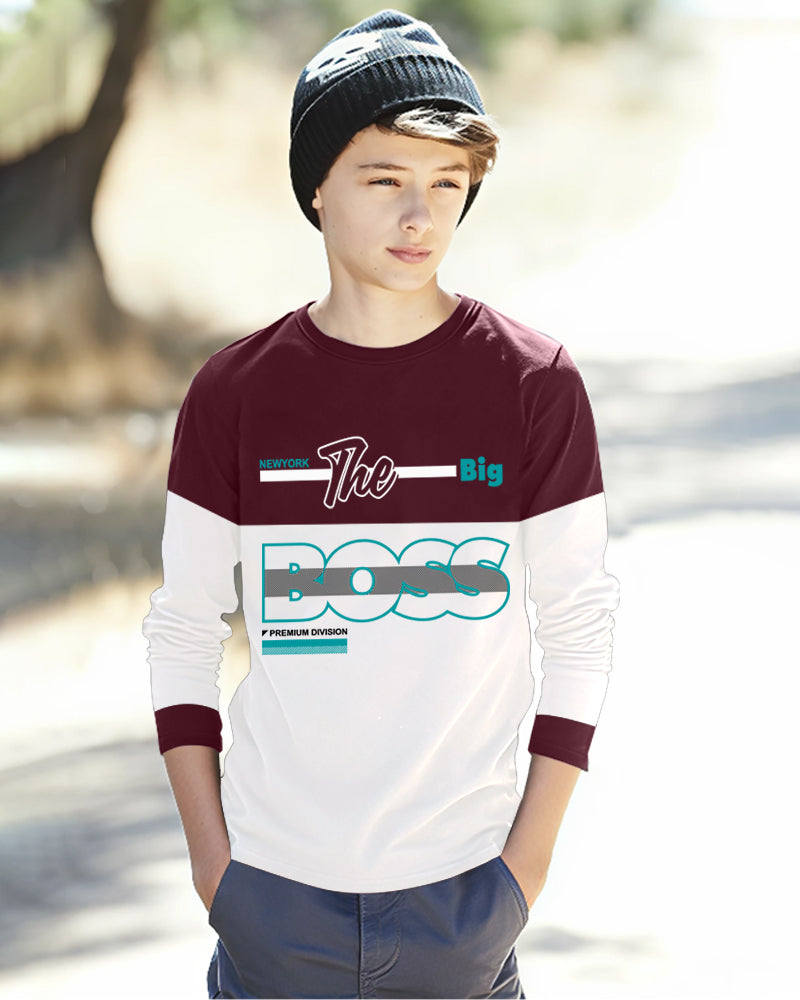 Maroon, White Full Boss Sleeve Round Neck Cotton blend Boys T-Shirt-FRONT