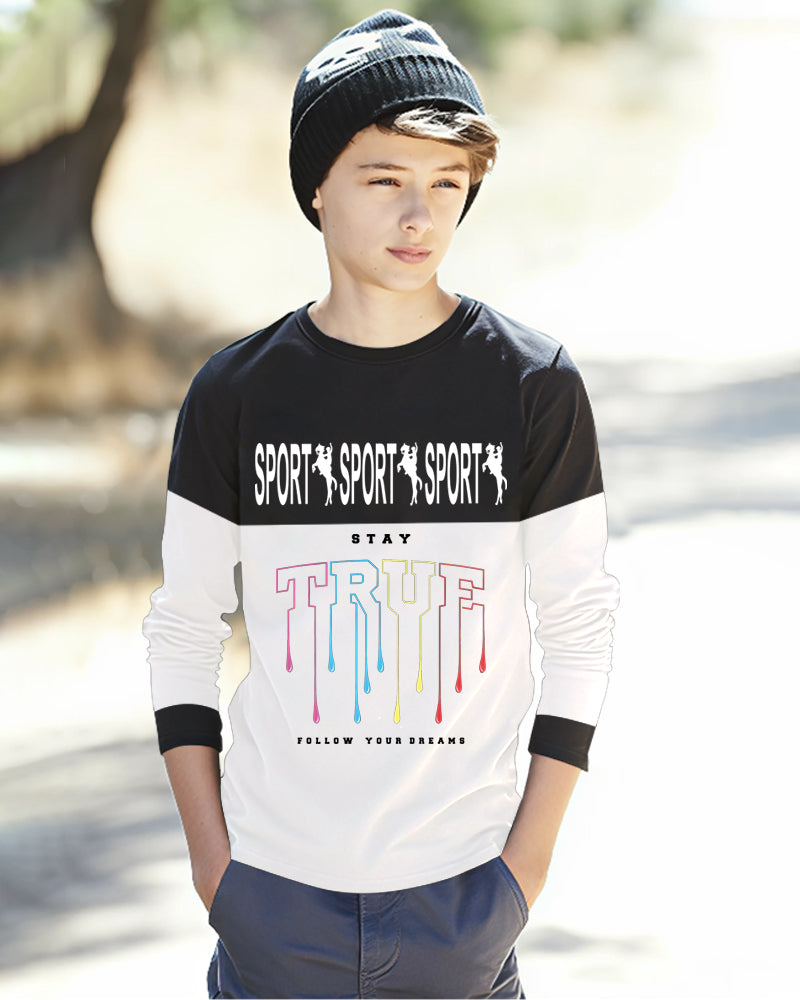 Black, White Full Sport Sleeve Round Neck Cotton blend Boys T-Shirt-FRONT