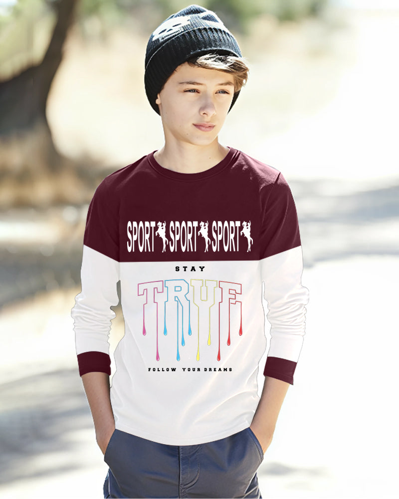 Maroon, White Full Sport Sleeve Round Neck Cotton blend Boys T-Shirt-FRONT
