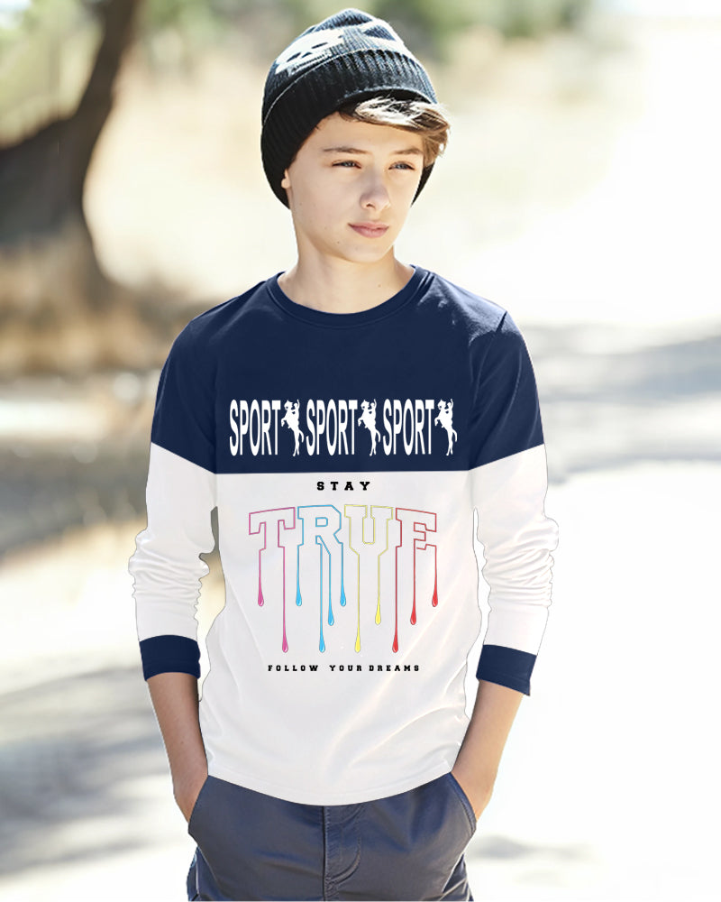 Navy, White Full Sport Sleeve Round Neck Cotton blend Boys T-Shirt-FRONT