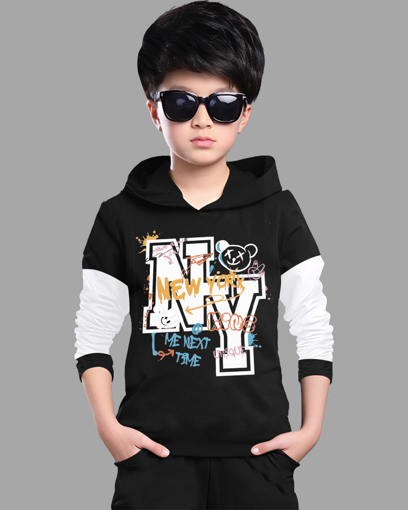 Black, White Full Sleeve Hooded Neck NY Cotton blend Boys T-Shirt-FRONT