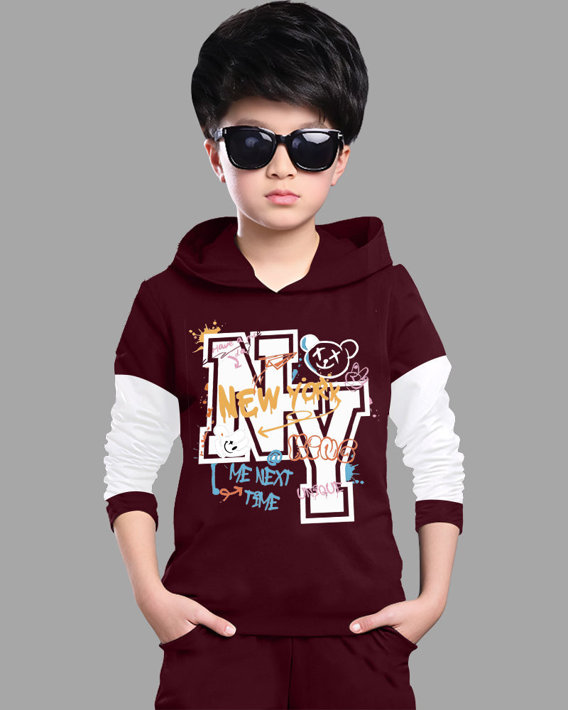 Maroon, White Full Sleeve Hooded Neck NY Cotton blend Boys T-Shirt-FRONT