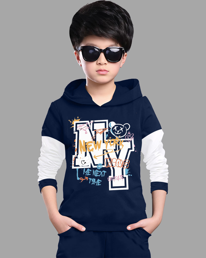 Navy, White Full Sleeve Hooded Neck NY Cotton blend Boys T-Shirt-FRONT