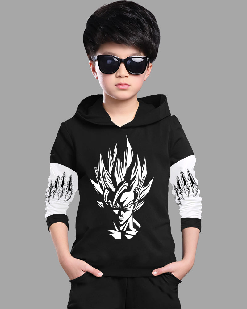 Black, White Full Sleeve Hooded Neck Naruto Cotton blend Boys T-Shirt-FRONT