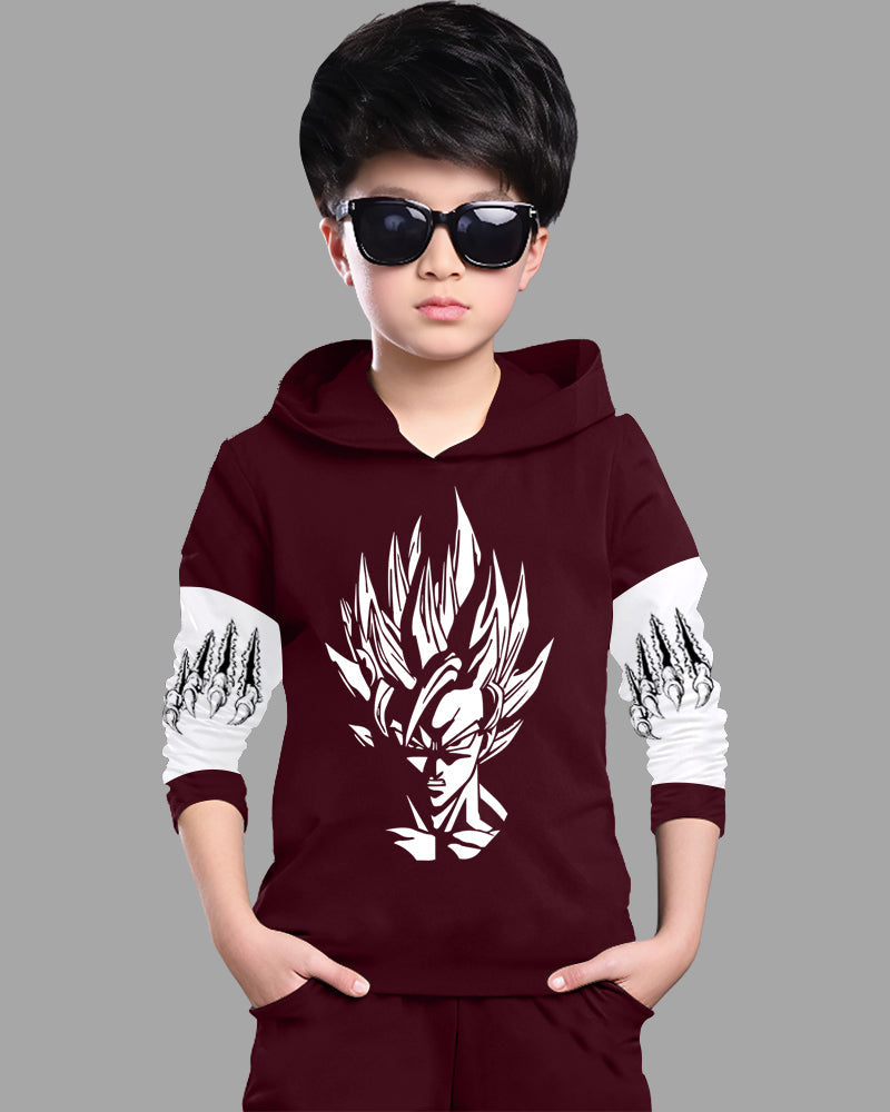 Maroon, White Full Sleeve Hooded Neck Naruto Cotton blend Boys T-Shirt-FRONT