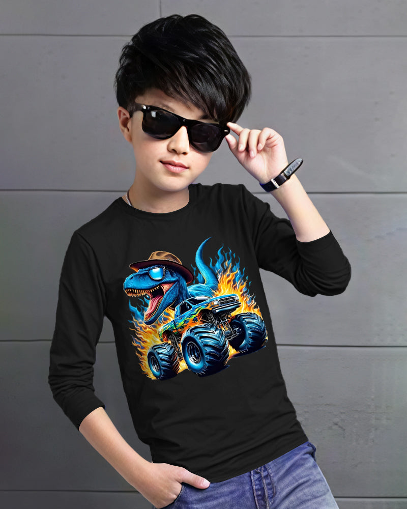 Black Full DINOSAUR Sleeve Round Neck Cotton blend Boys T-Shirt-FRONT