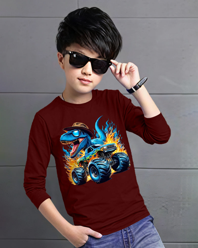Maroon Full DINOSAUR Sleeve Round Neck Cotton blend Boys T-Shirt-FRONT