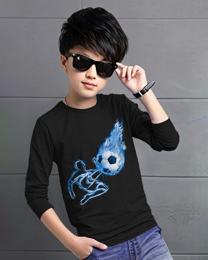 Black Full FIRE FOOTBALL Sleeve Round Neck Cotton blend Boys T-Shirt-FRONT