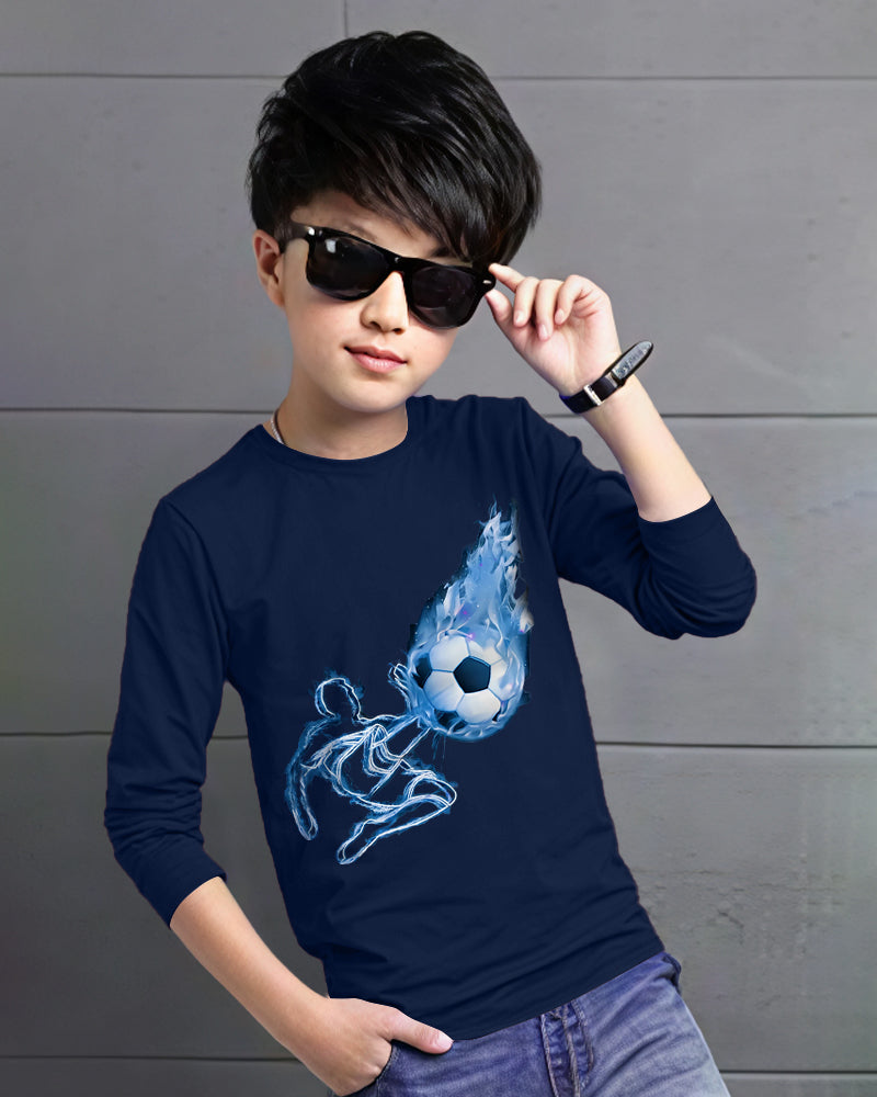 Navy Full FIRE FOOTBALL Sleeve Round Neck Cotton blend Boys T-Shirt-FRONT